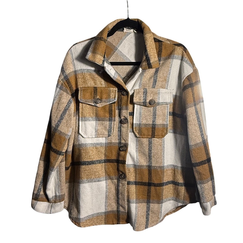 Altar'd State Tan Plaid Button Down Shacket Jacket HF21G624 Womens